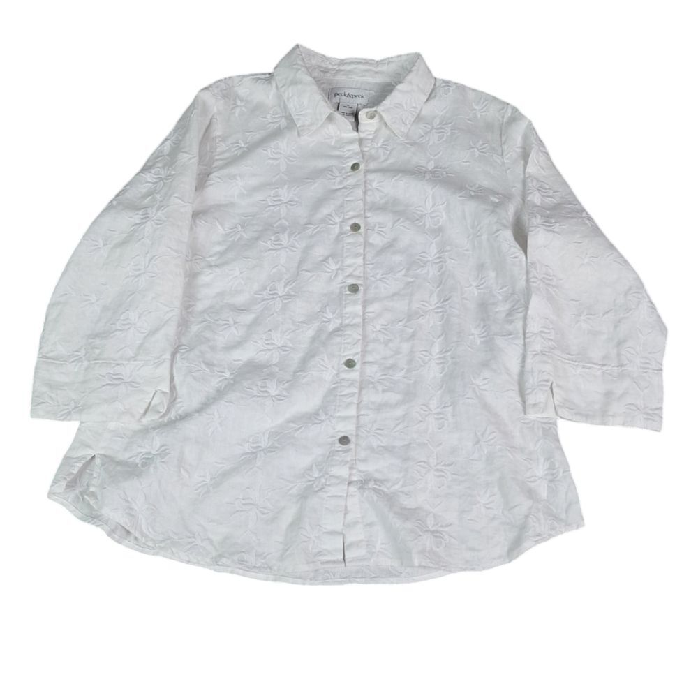 Peck & Peck Women's XL White Linen‎ Embroidered Button Up 3/4 Sleeve Blouse